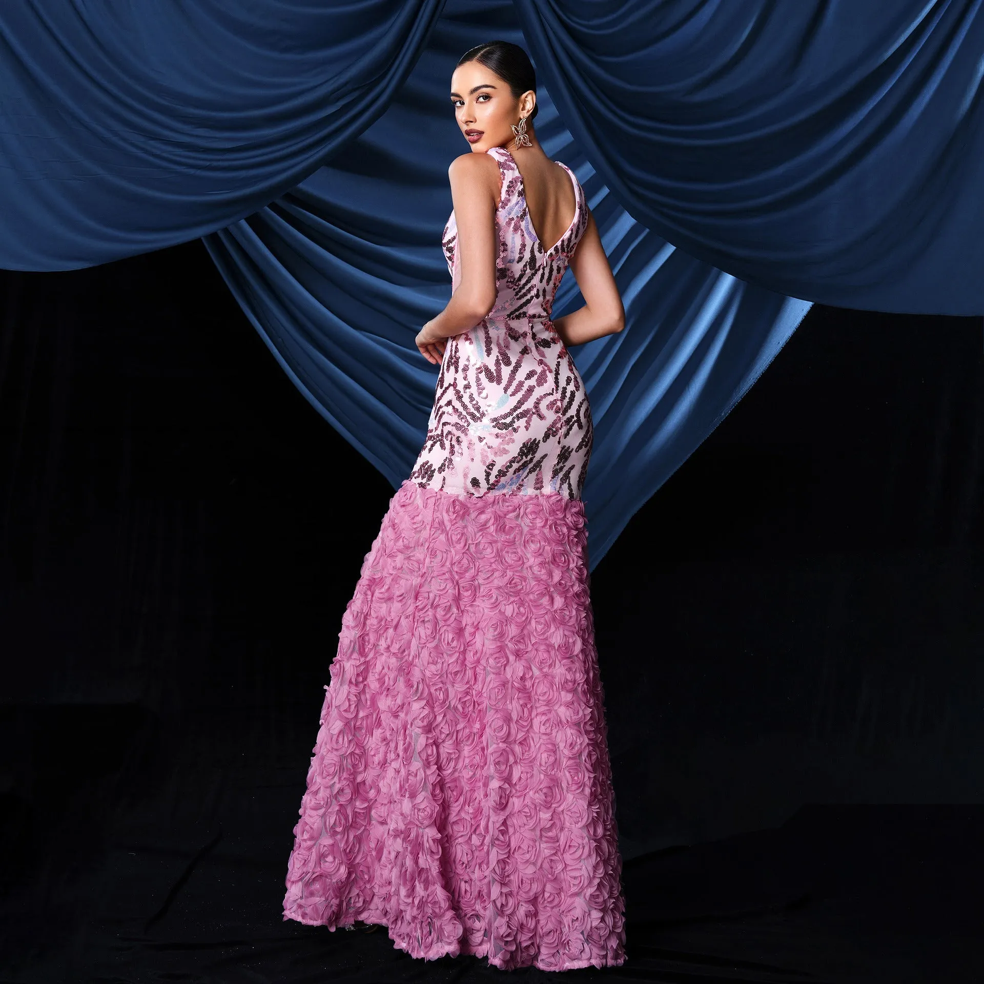 floral sequin split maxi dress in pink Gloria Lanvin