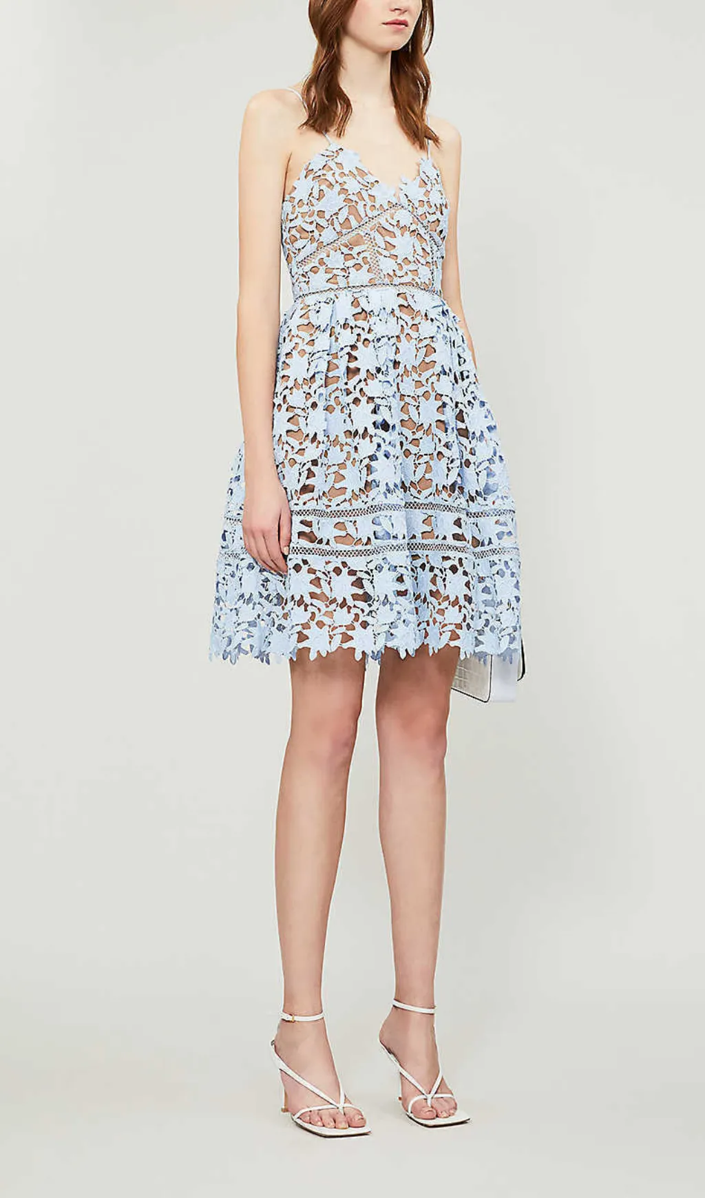 FLORAL SPAGHETTI STRAP GUIPURE LACE MINI DRESS IN BLUE Gloria Lanvin