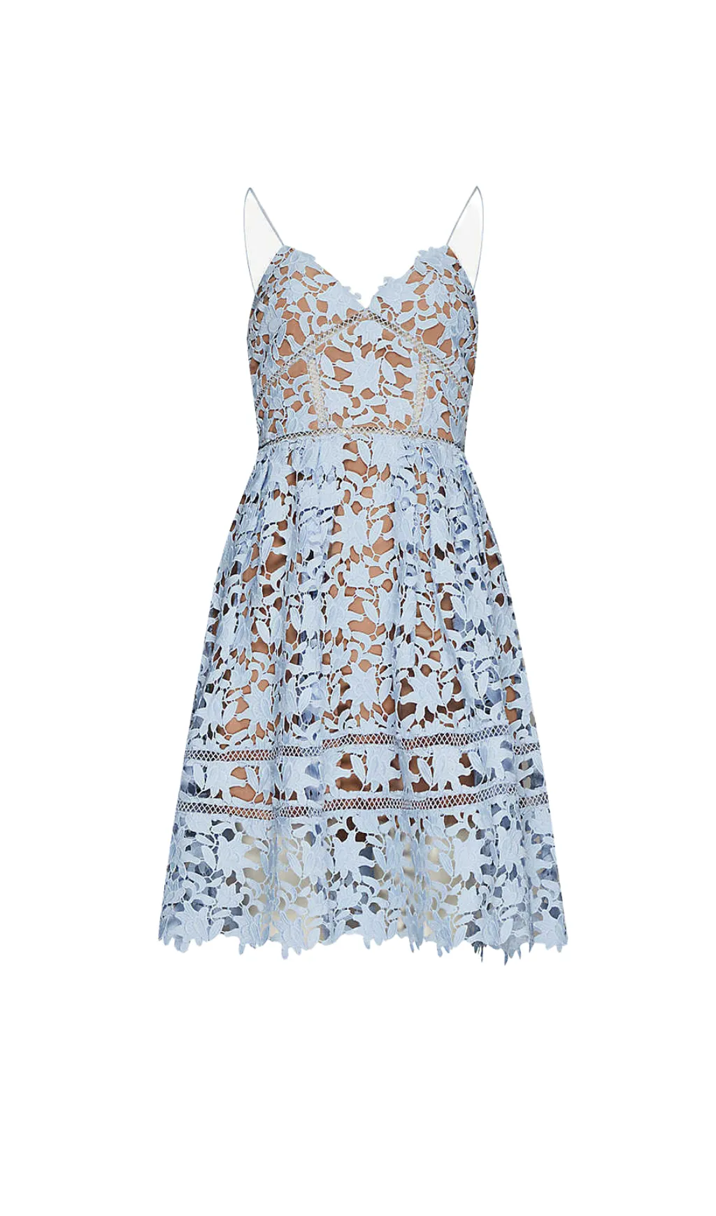 FLORAL SPAGHETTI STRAP GUIPURE LACE MINI DRESS IN BLUE Gloria Lanvin