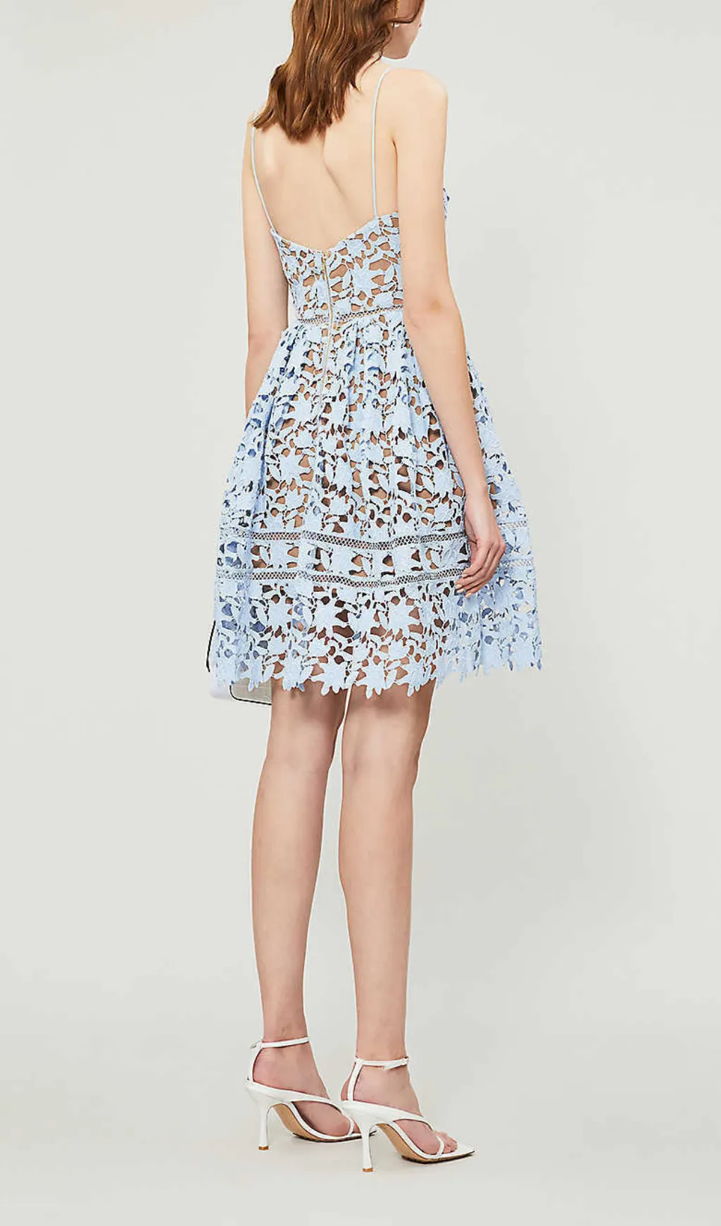 FLORAL SPAGHETTI STRAP GUIPURE LACE MINI DRESS IN BLUE Gloria Lanvin