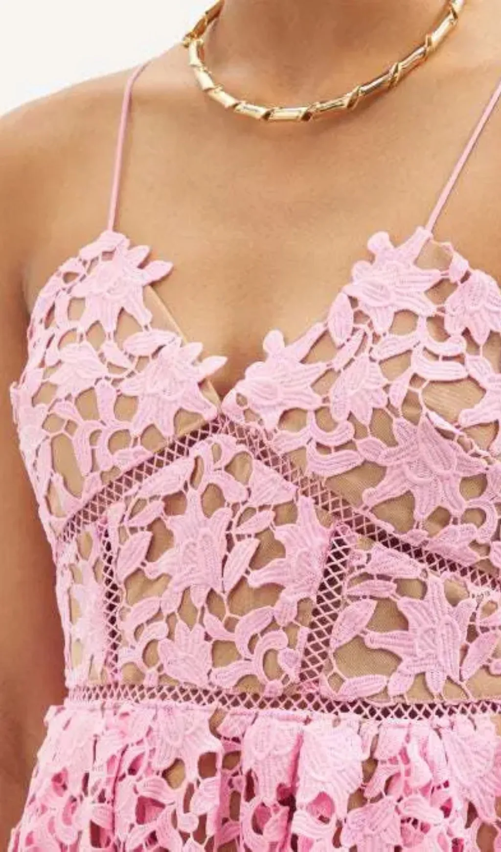 FLORAL SPAGHETTI STRAP GUIPURE LACE MINI DRESS IN PINK Gloria Lanvin