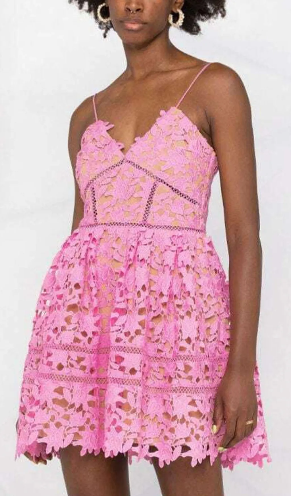 FLORAL SPAGHETTI STRAP GUIPURE LACE MINI DRESS IN PINK Gloria Lanvin