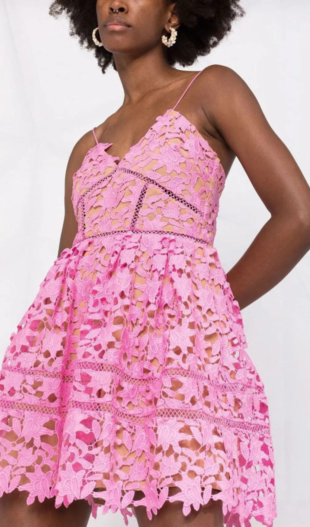 FLORAL SPAGHETTI STRAP GUIPURE LACE MINI DRESS IN PINK Gloria Lanvin