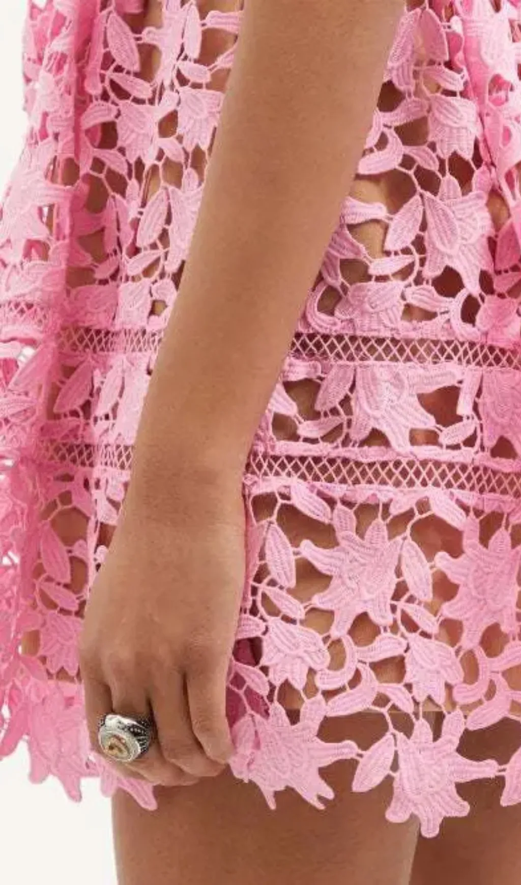 FLORAL SPAGHETTI STRAP GUIPURE LACE MINI DRESS IN PINK Gloria Lanvin
