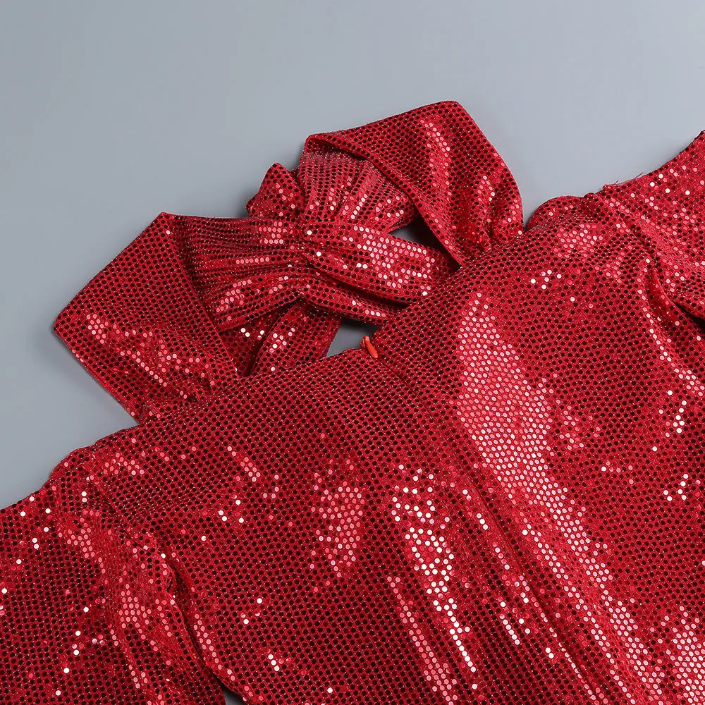 FLOWER EMBELLISHED CUTOUT SEQUIN MAXI DRESS IN RED Gloria Lanvin