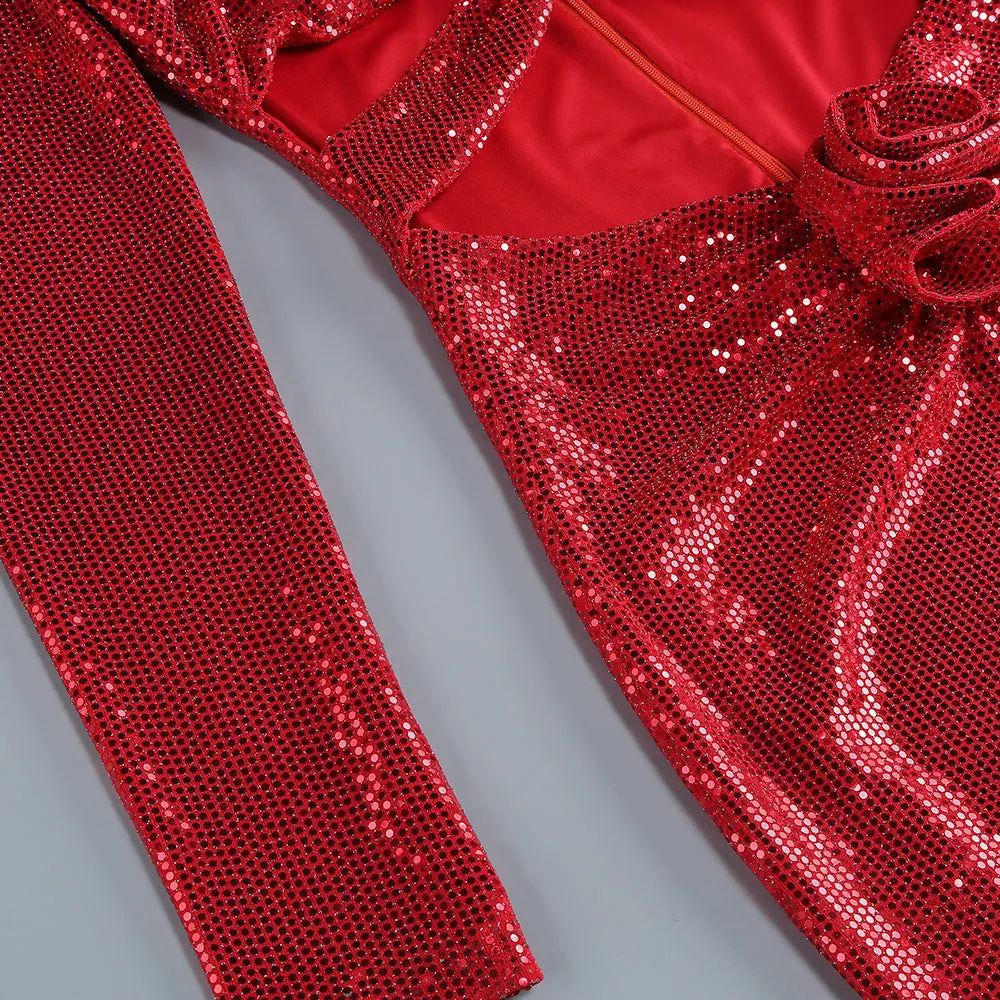 FLOWER EMBELLISHED CUTOUT SEQUIN MAXI DRESS IN RED Gloria Lanvin