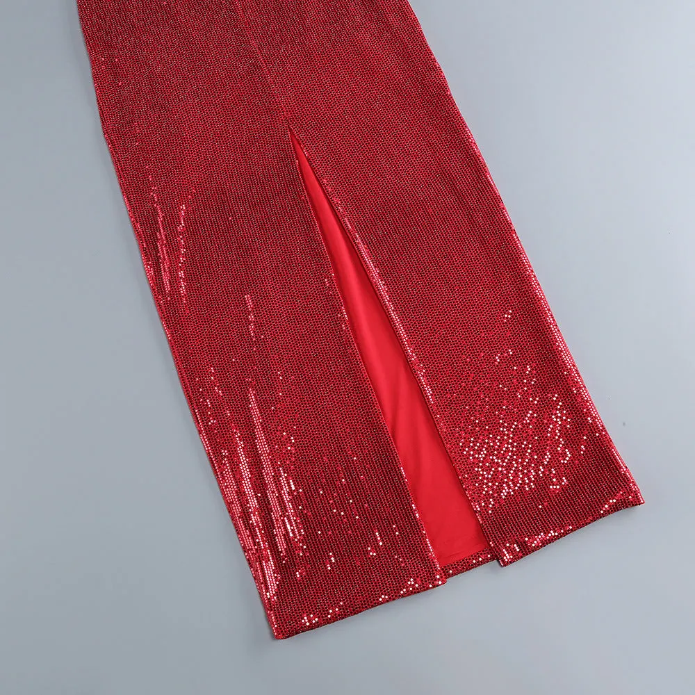 FLOWER EMBELLISHED CUTOUT SEQUIN MAXI DRESS IN RED Gloria Lanvin