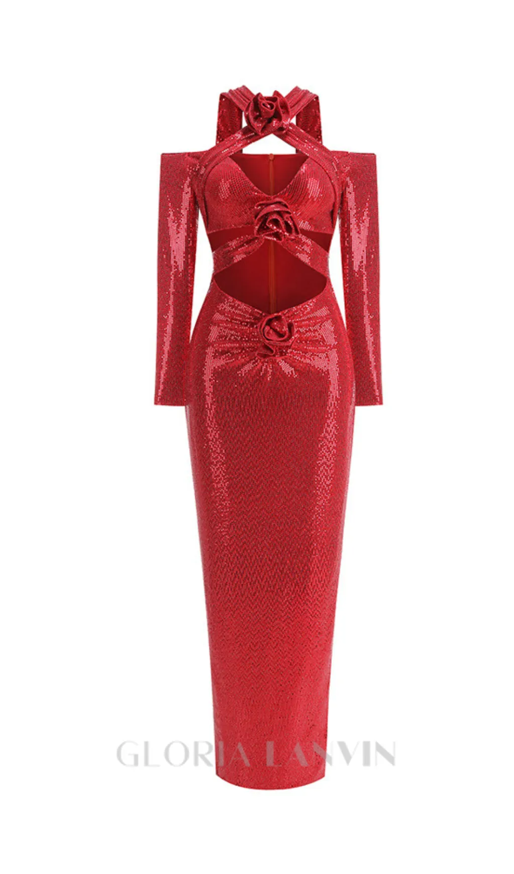 FLOWER EMBELLISHED CUTOUT SEQUIN MAXI DRESS IN RED Gloria Lanvin