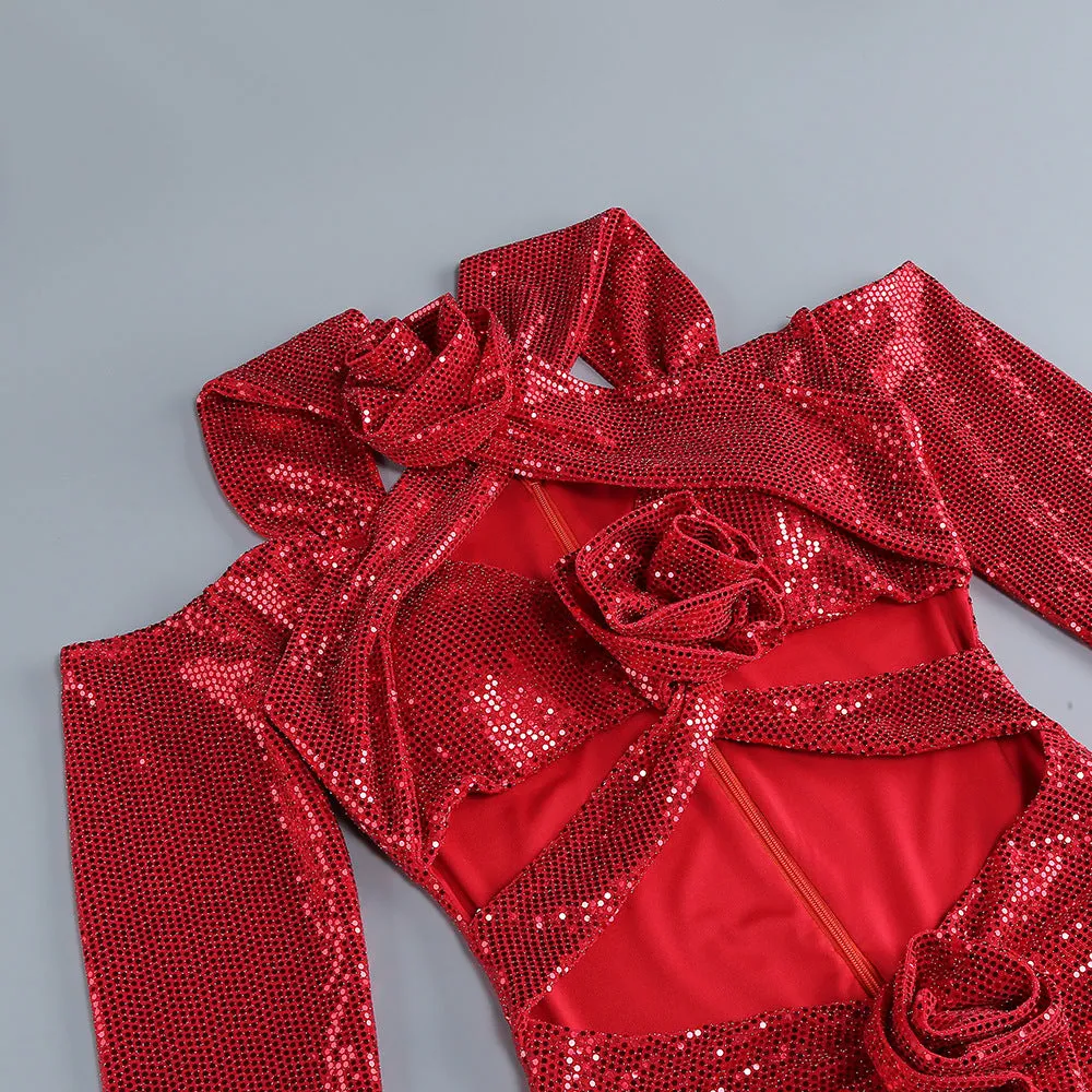 FLOWER EMBELLISHED CUTOUT SEQUIN MAXI DRESS IN RED Gloria Lanvin