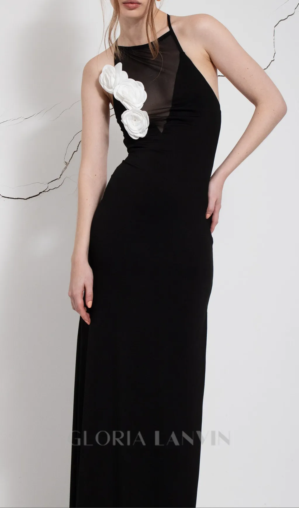 FLOWER EMBELLISHED MESH MAXI DRESS IN BLACK Gloria Lanvin