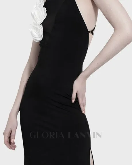 FLOWER EMBELLISHED MESH MAXI DRESS IN BLACK Gloria Lanvin
