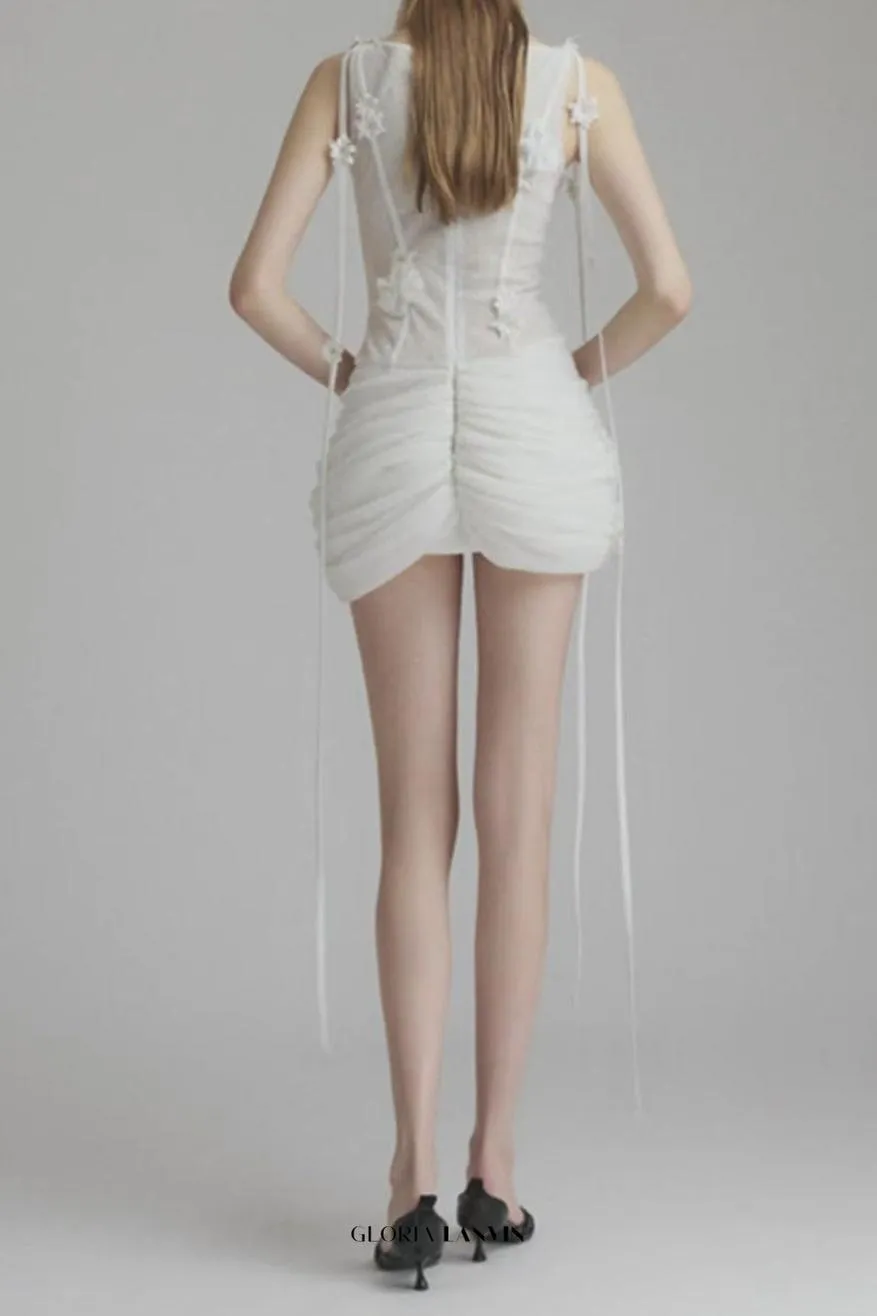 flower embellished puff hem slim mini dress in white Gloria Lanvin