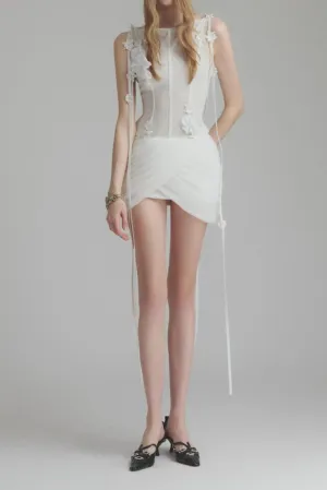 flower embellished puff hem slim mini dress in white Gloria Lanvin