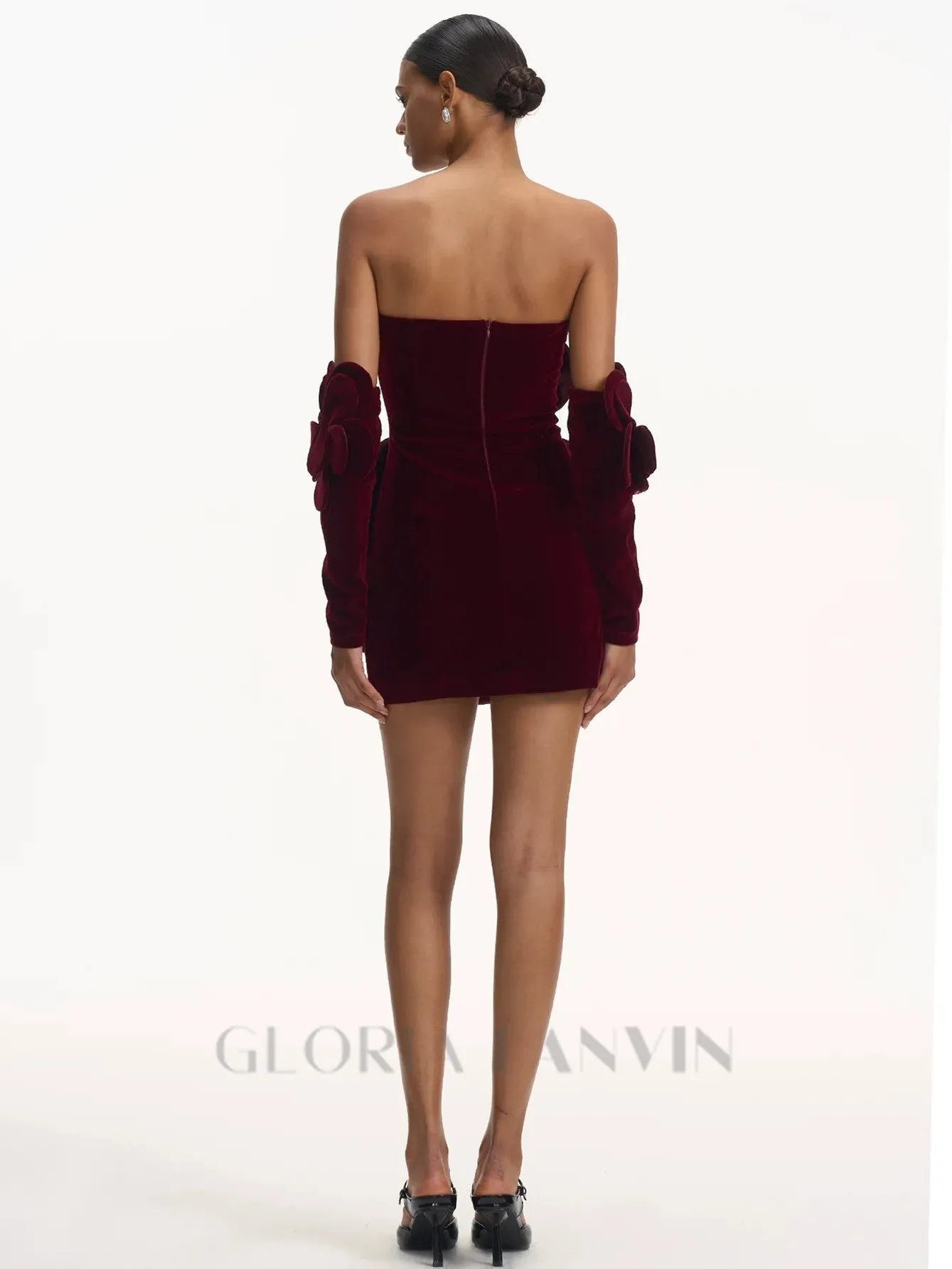 Flower-embellished Velvet Mini Dress in burgundy Gloria Lanvin