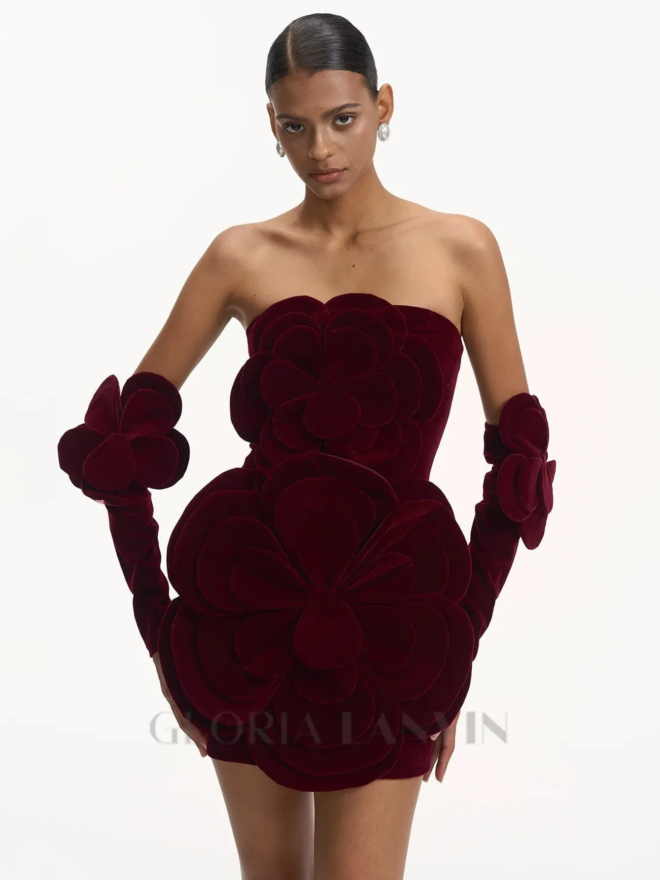 Flower-embellished Velvet Mini Dress in burgundy Gloria Lanvin