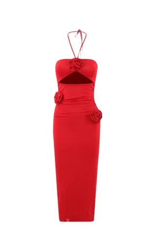 Flower Halter Cut Out Dress in red Gloria Lanvin