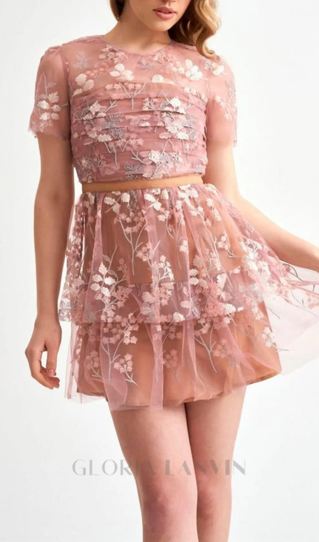 FLOWER MESH TIERED MINI DRESS Gloria Lanvin