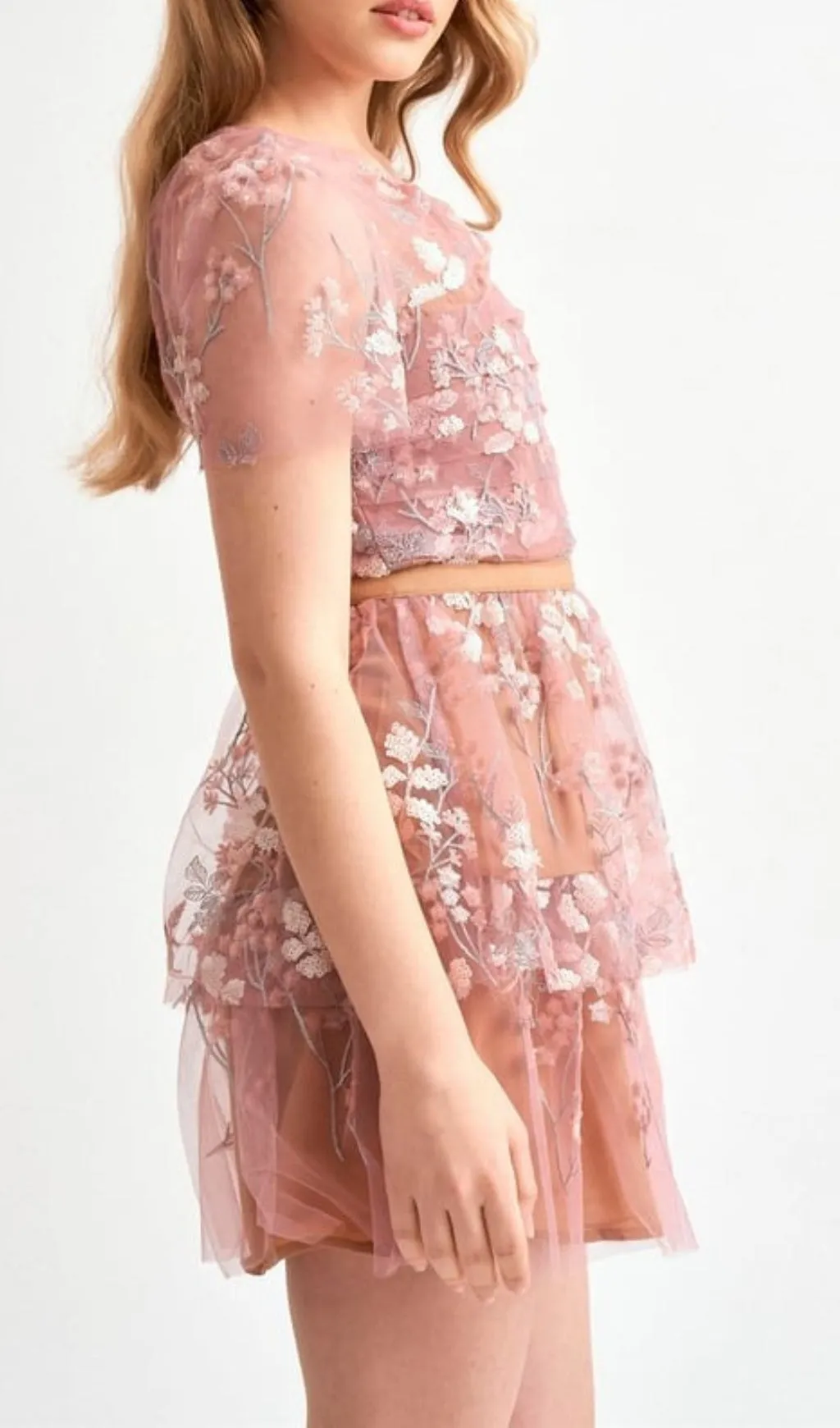 FLOWER MESH TIERED MINI DRESS Gloria Lanvin