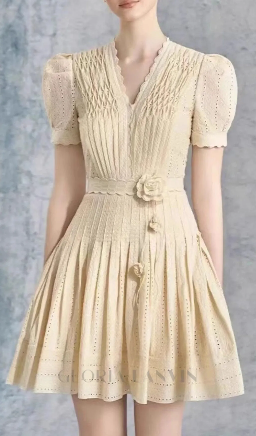 flower pleated mini dress in apricot Gloria Lanvin