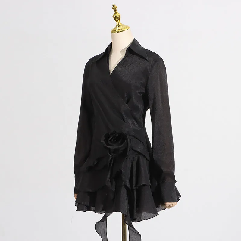 flower ruffle ribbon mini dress in black Gloria Lanvin