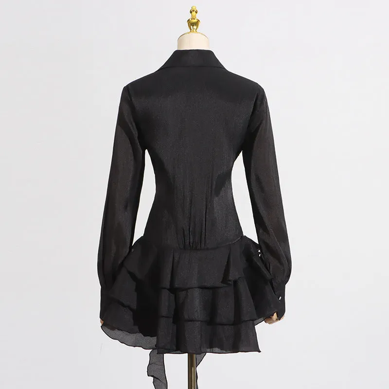 flower ruffle ribbon mini dress in black Gloria Lanvin