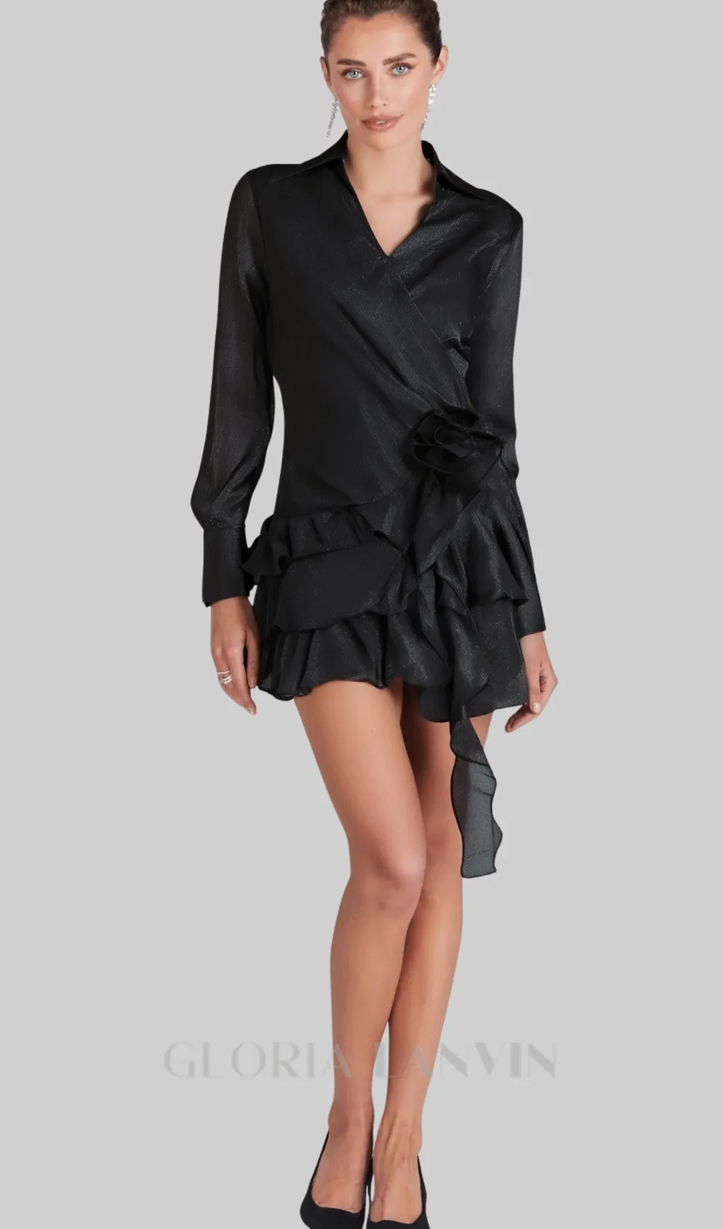 flower ruffle ribbon mini dress in black Gloria Lanvin