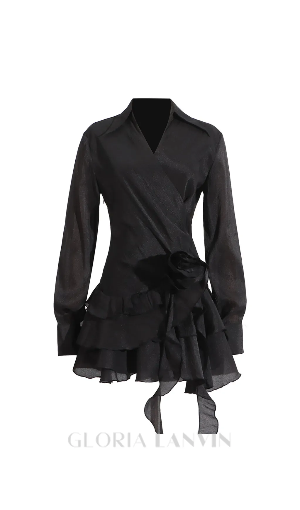 flower ruffle ribbon mini dress in black Gloria Lanvin