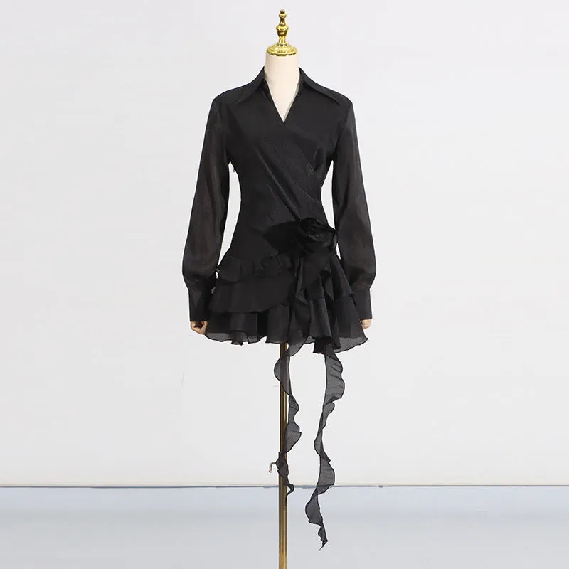 flower ruffle ribbon mini dress in black Gloria Lanvin