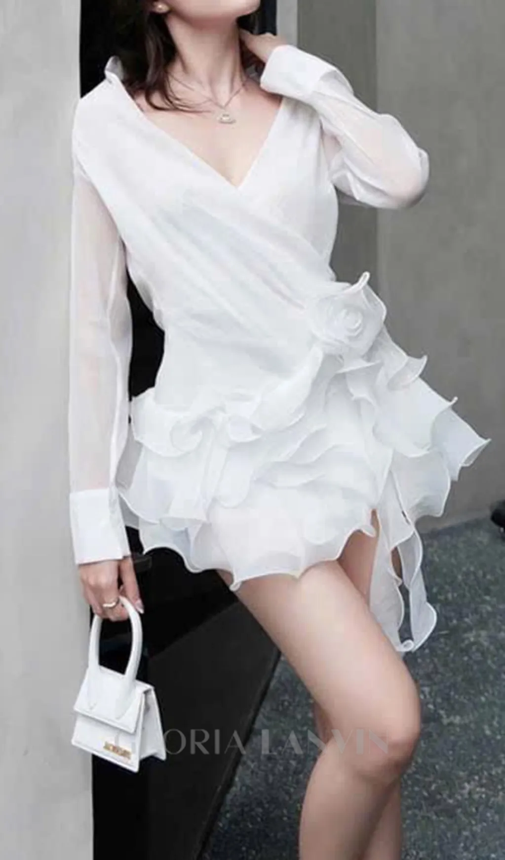 flower ruffle ribbon mini dress in white Gloria Lanvin