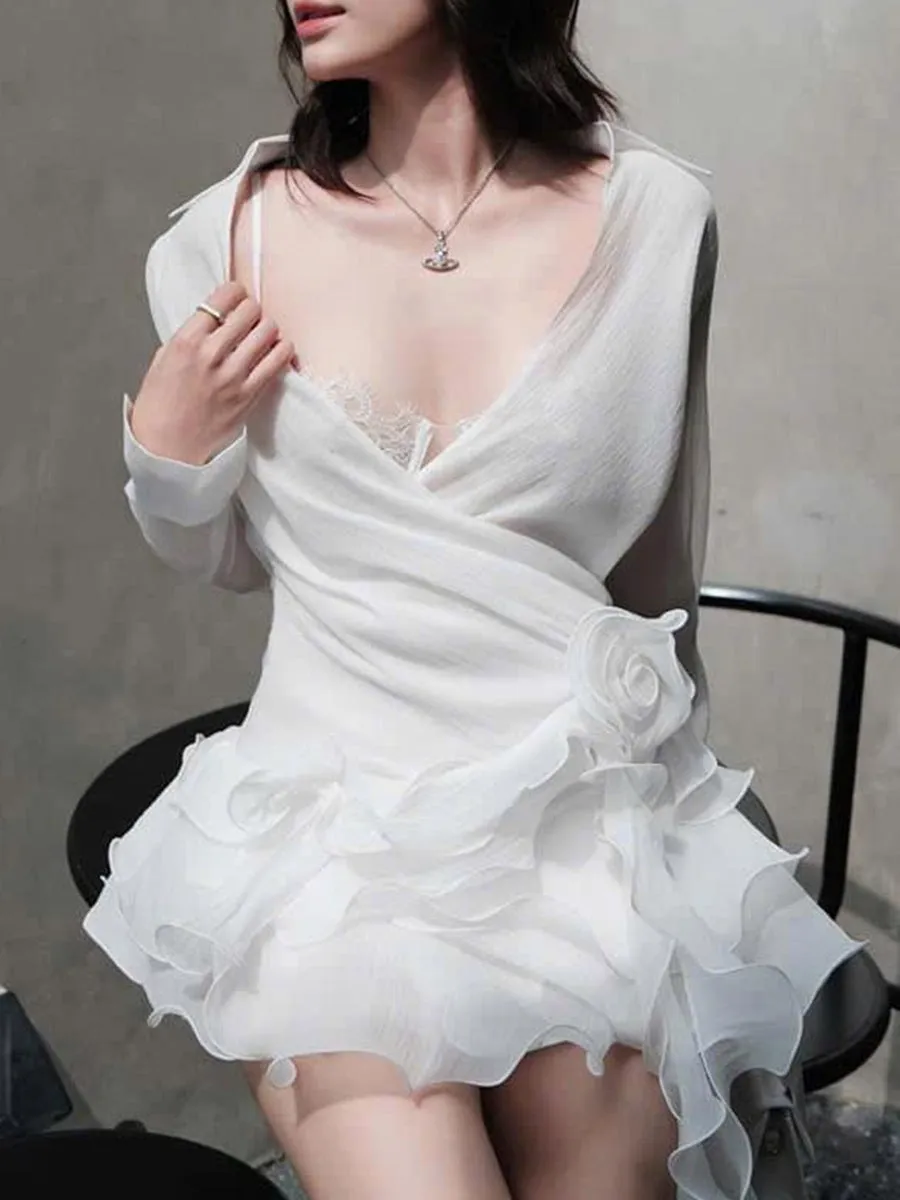 flower ruffle ribbon mini dress in white Gloria Lanvin