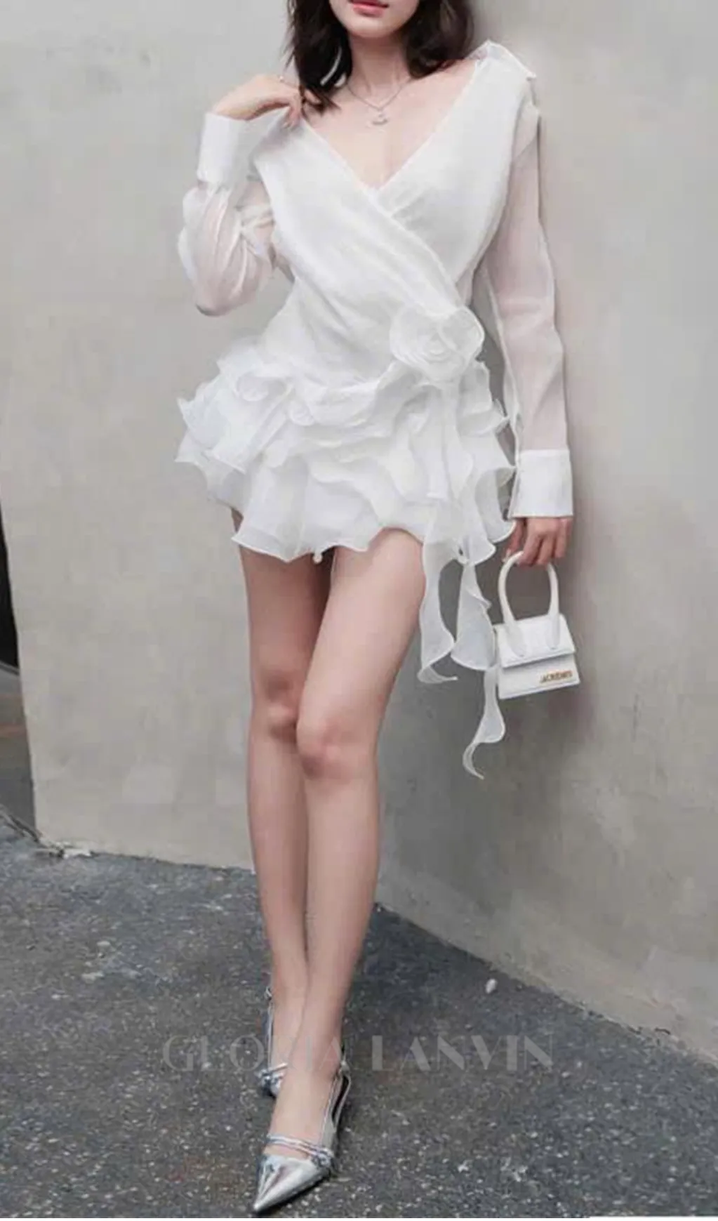 flower ruffle ribbon mini dress in white Gloria Lanvin