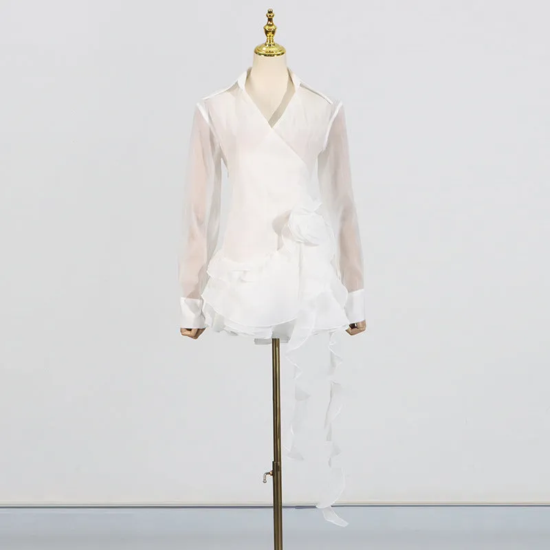 flower ruffle ribbon mini dress in white Gloria Lanvin