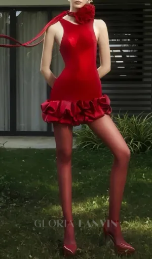flower trim sleeveless mini dress in red Gloria Lanvin