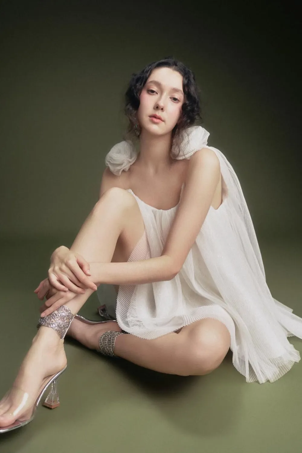 flower tulle strap mini dress in white Gloria Lanvin