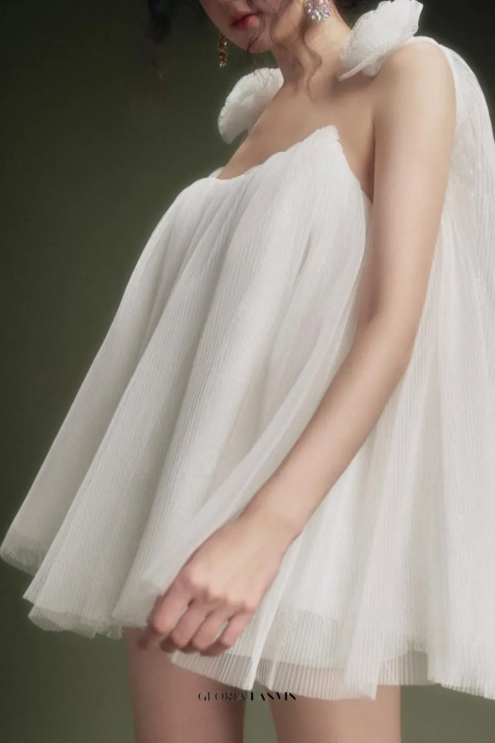flower tulle strap mini dress in white Gloria Lanvin