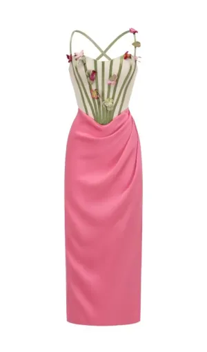 FLOWER VINE CORSET MIDI DRESS IN PINK Gloria Lanvin