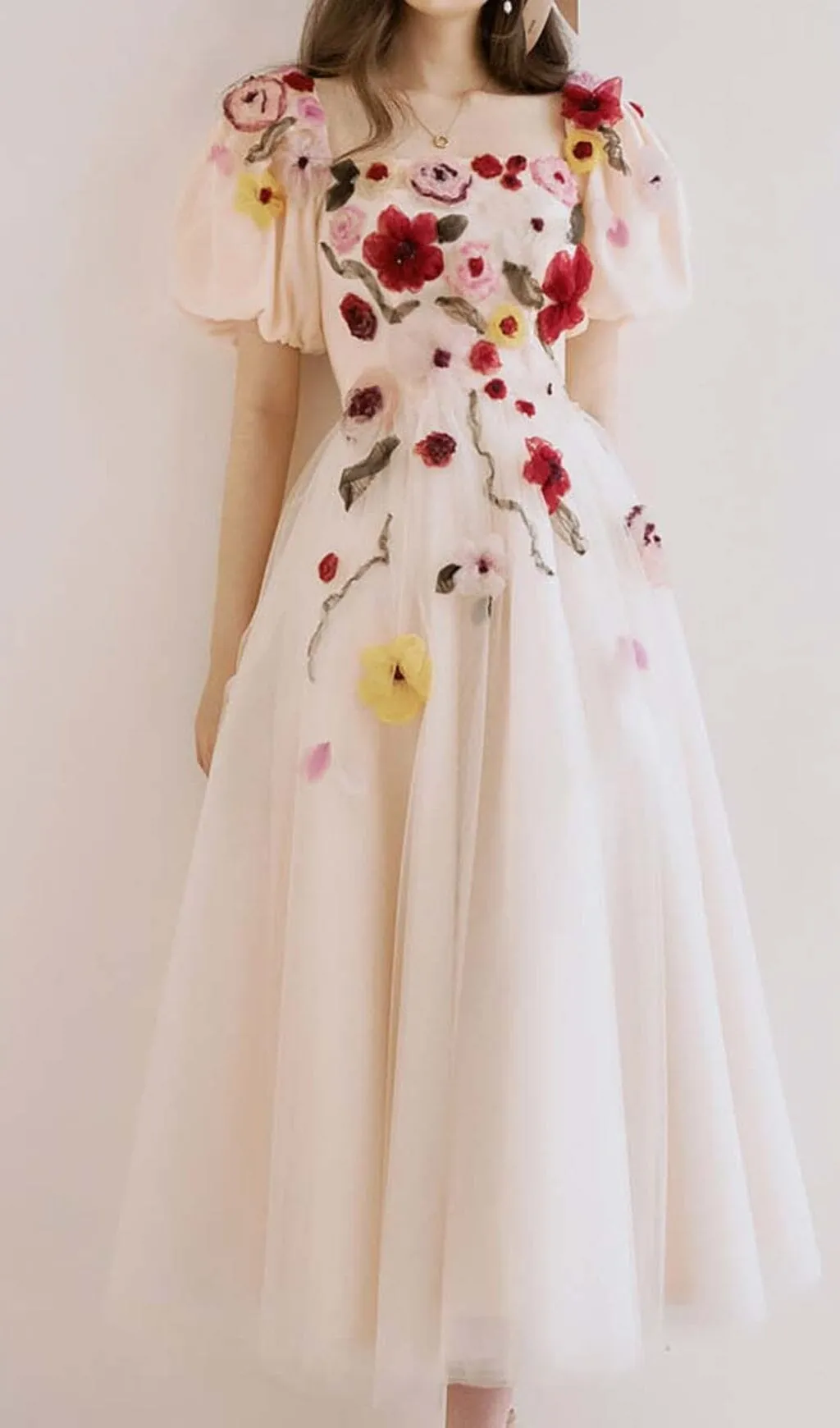 FLOWERS PRINT PUFF SLEEVE MIDI DRESS IN PINK Gloria Lanvin