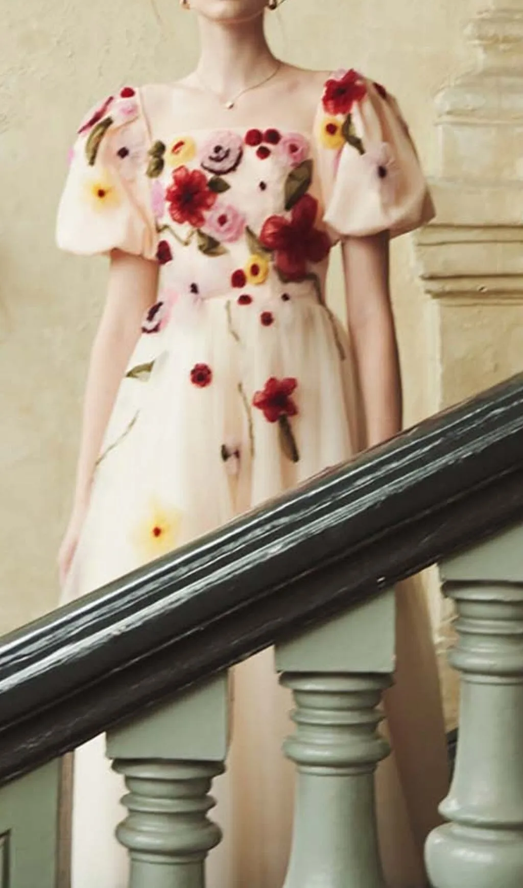 FLOWERS PRINT PUFF SLEEVE MIDI DRESS IN PINK Gloria Lanvin