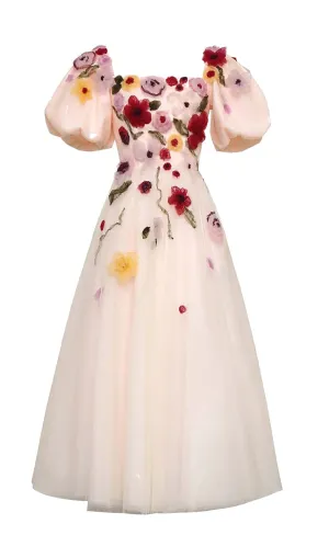 FLOWERS PRINT PUFF SLEEVE MIDI DRESS IN PINK Gloria Lanvin