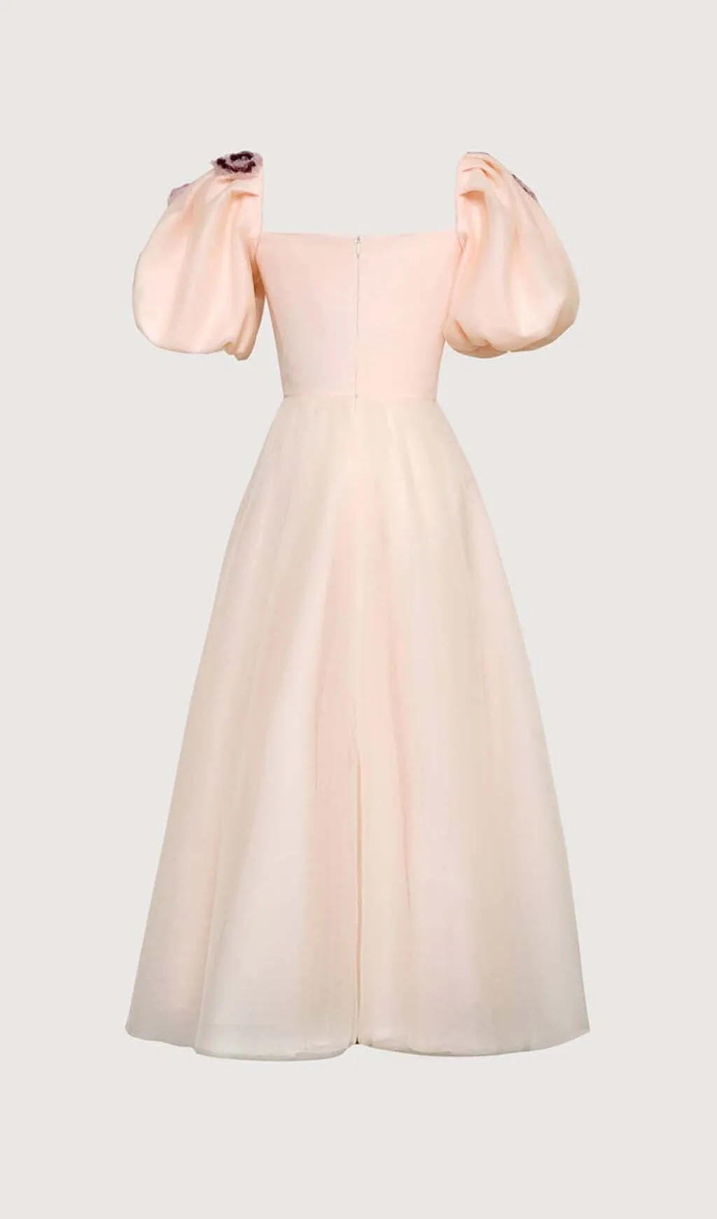FLOWERS PRINT PUFF SLEEVE MIDI DRESS IN PINK Gloria Lanvin