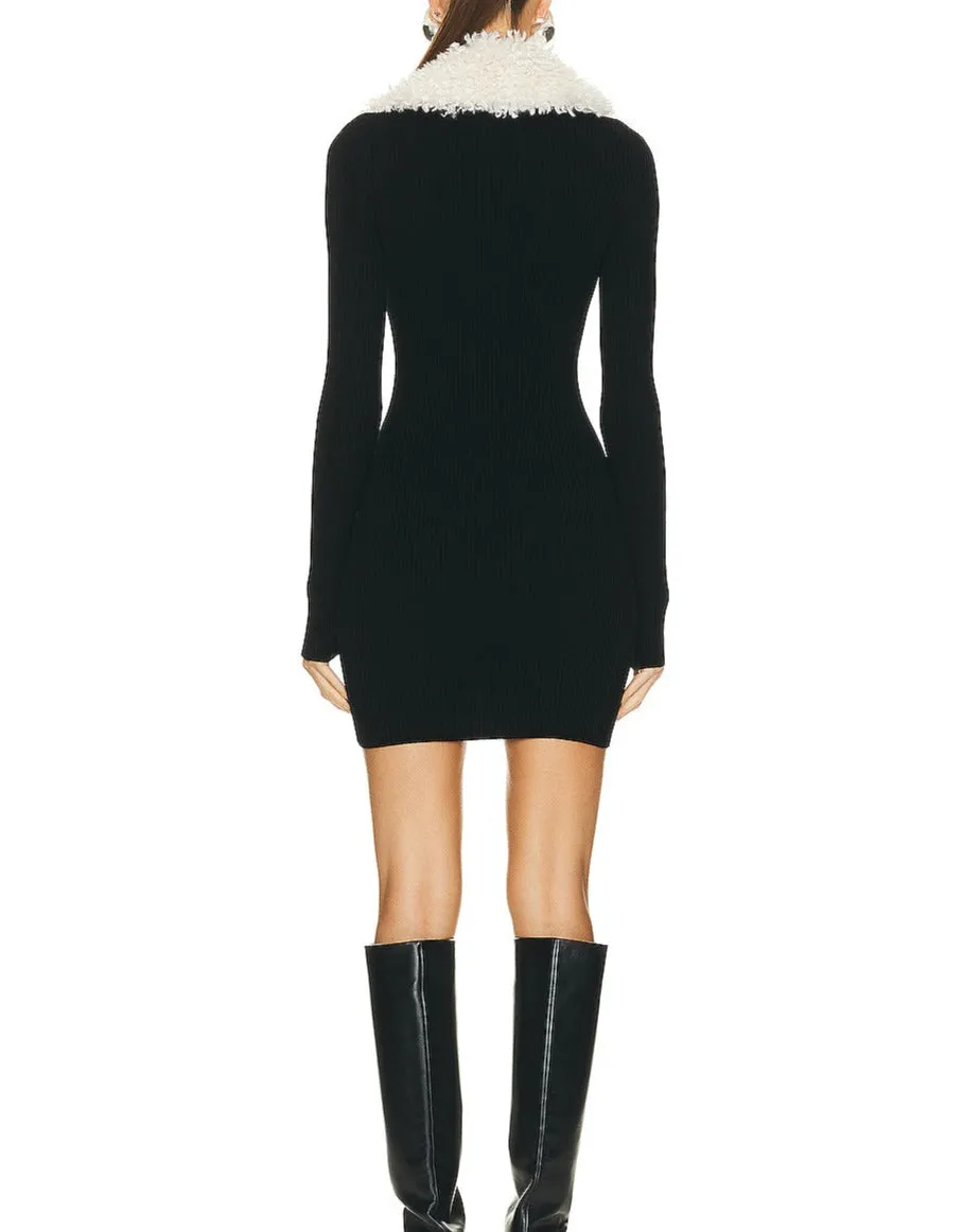 FLUFFY COLLARED ZIP DETAILED KNIT MINI DRESS Gloria Lanvin