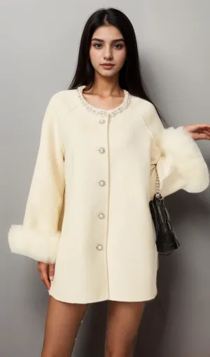 Frdrique white wool fur embellished coat Gloria Lanvin