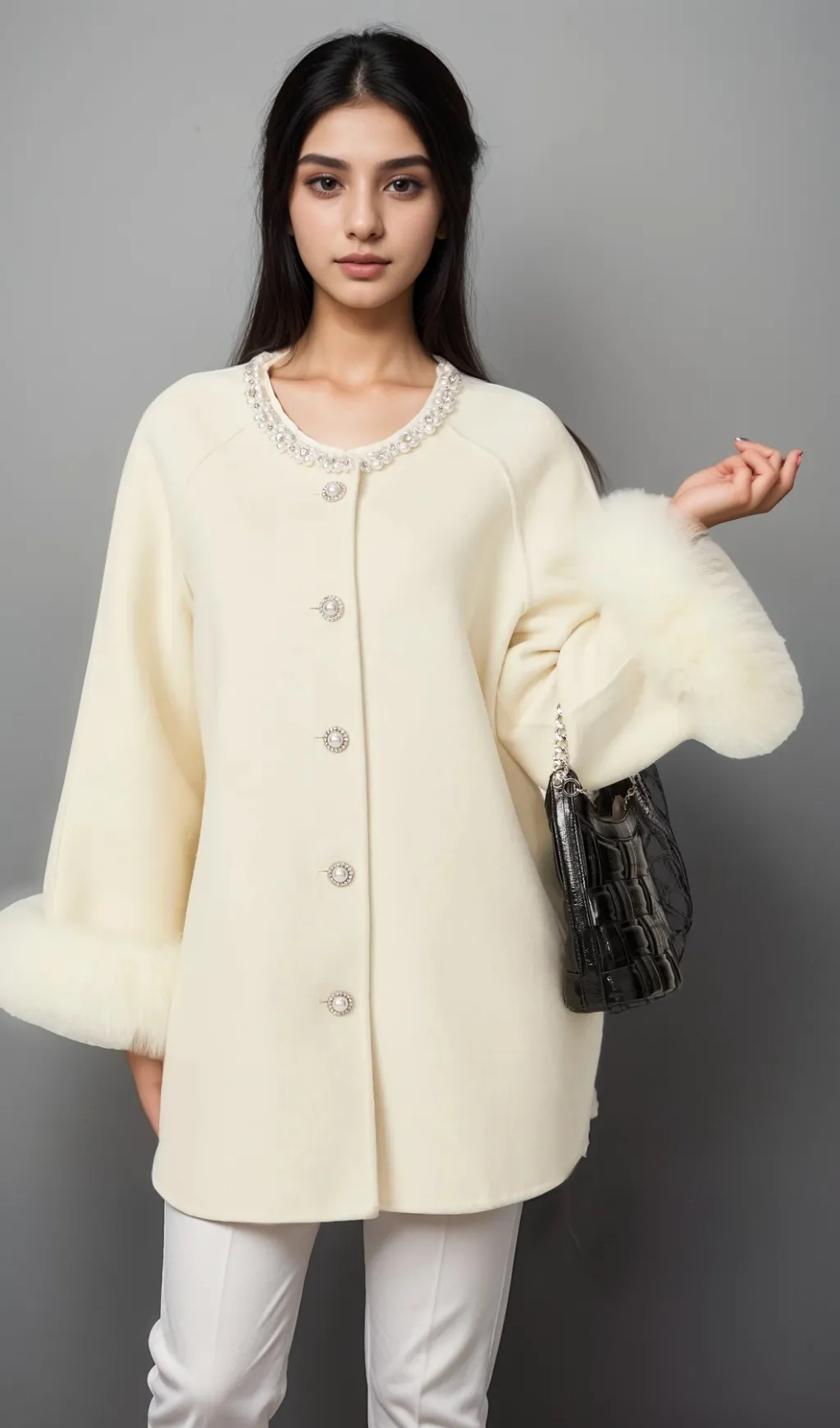 Frdrique white wool fur embellished coat Gloria Lanvin