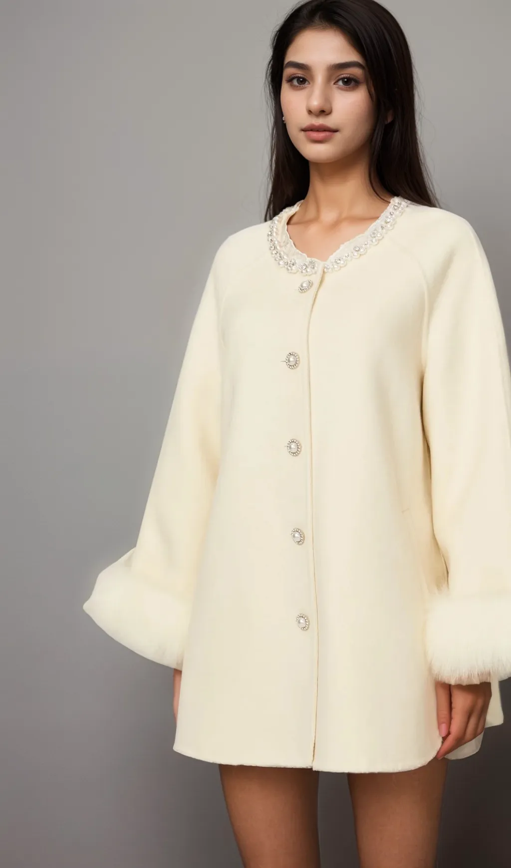 Frdrique white wool fur embellished coat Gloria Lanvin