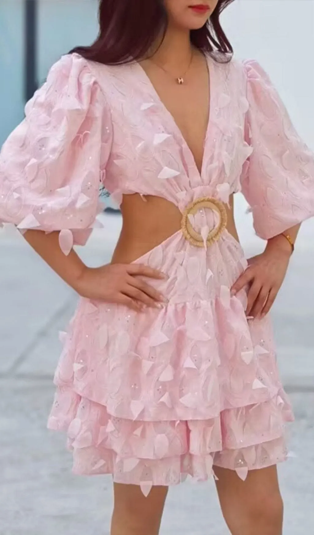 FRILL CUTOUT TRIM MINI DRESS IN PINK Gloria Lanvin