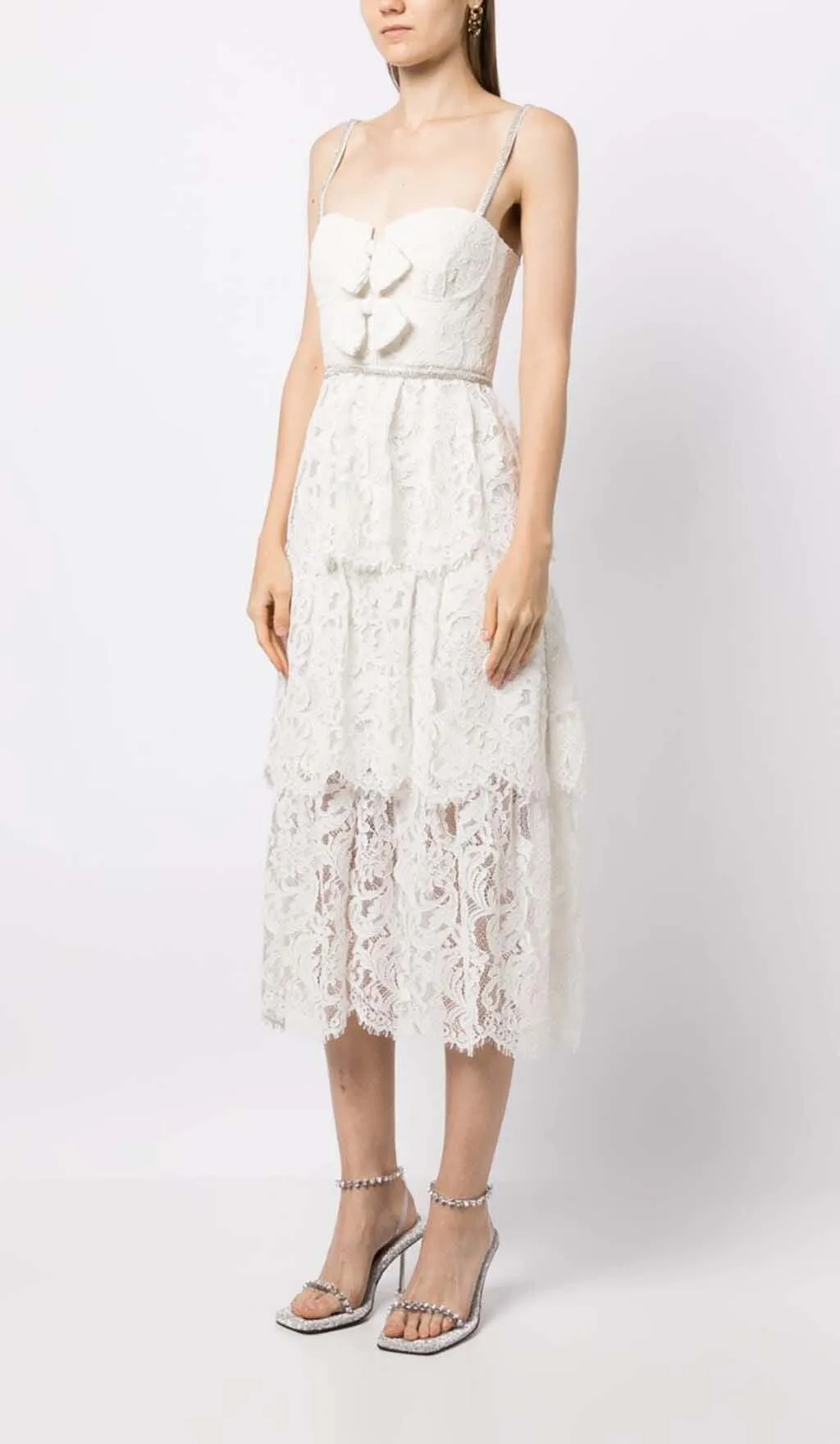 FRONT BOW TIERED MIDI DRESS IN WHITE Gloria Lanvin