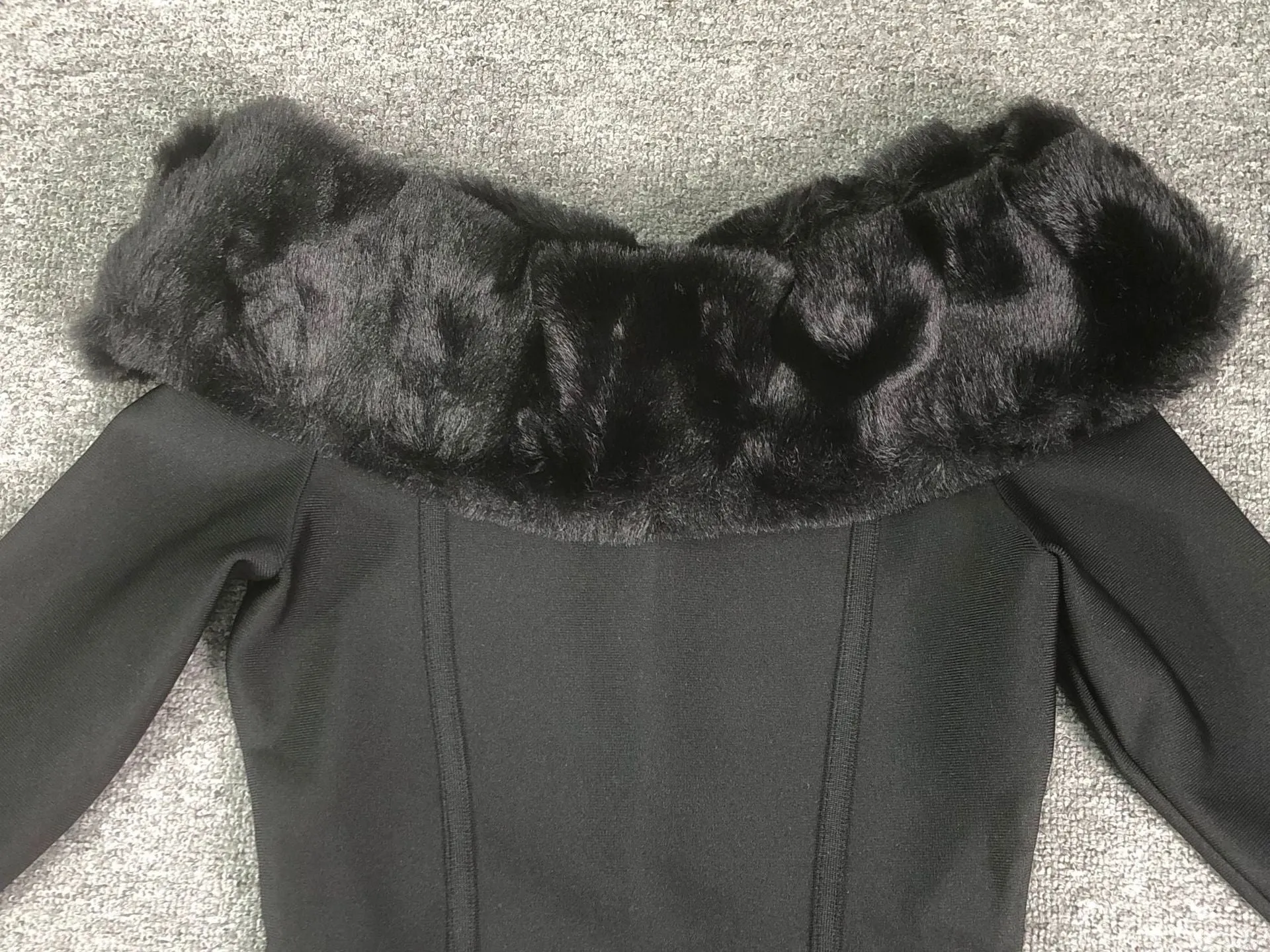 Fuzzy Trim Split Bodycon strapless midi Dress in black Gloria Lanvin
