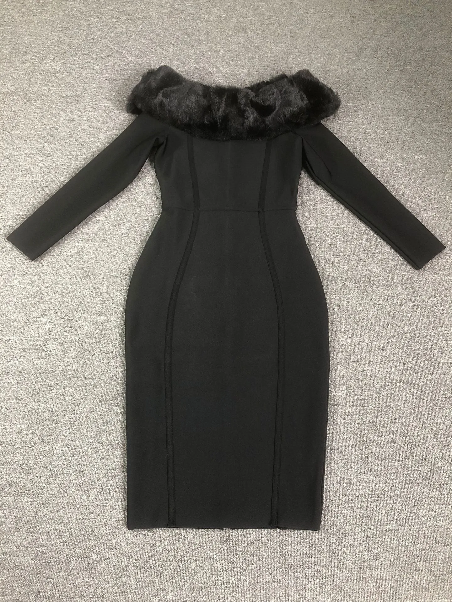 Fuzzy Trim Split Bodycon strapless midi Dress in black Gloria Lanvin