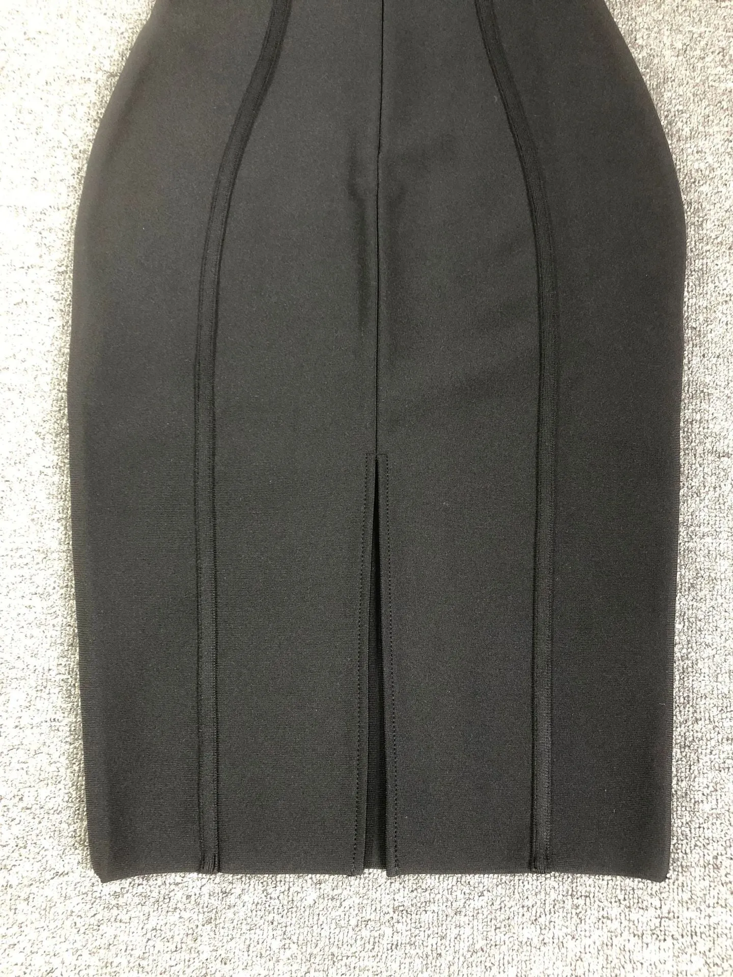 Fuzzy Trim Split Bodycon strapless midi Dress in black Gloria Lanvin