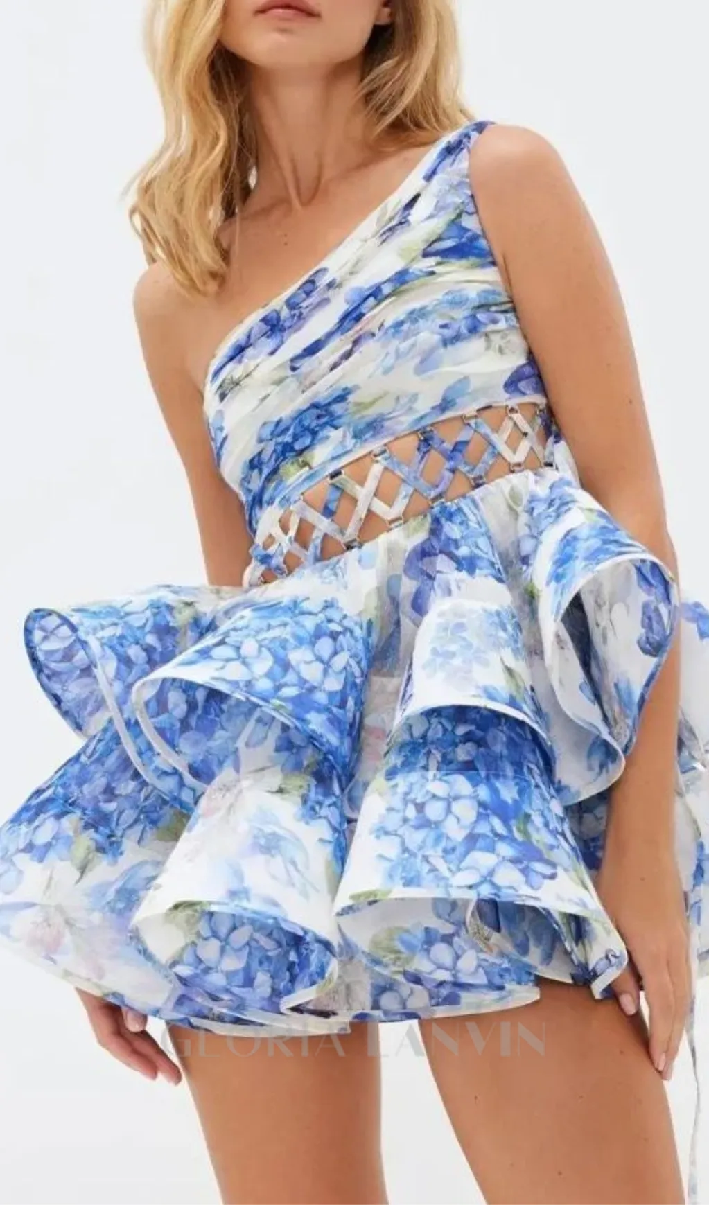 GAIL BLUE FLORAL PRINTED ONE-SHOULDER MINI CHIFFON DRESS Gloria Lanvin